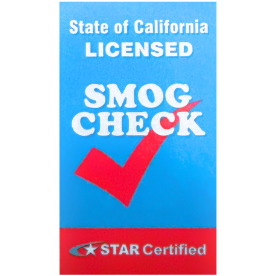 A California Smog Check certification badge featuring a checkmark and the text 'Licensed Smog Check' with 'STAR Certified' logo.